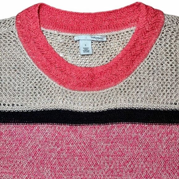 Halogen Striped Crochet Short Sleeve Sweater in Pink/Tan/Black Women’s S - Picture 2 of 5